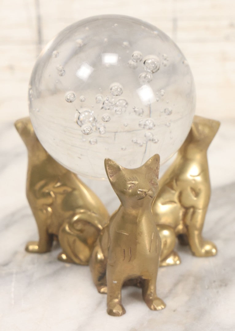 Lot 066 - Vintage Brass Triple Cat Stand With Clear Glass Paperweight Crystal Ball