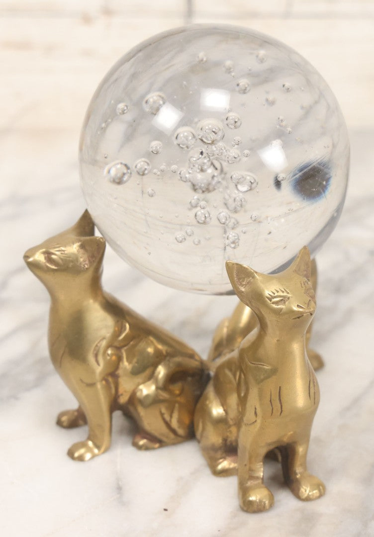 Lot 066 - Vintage Brass Triple Cat Stand With Clear Glass Paperweight Crystal Ball