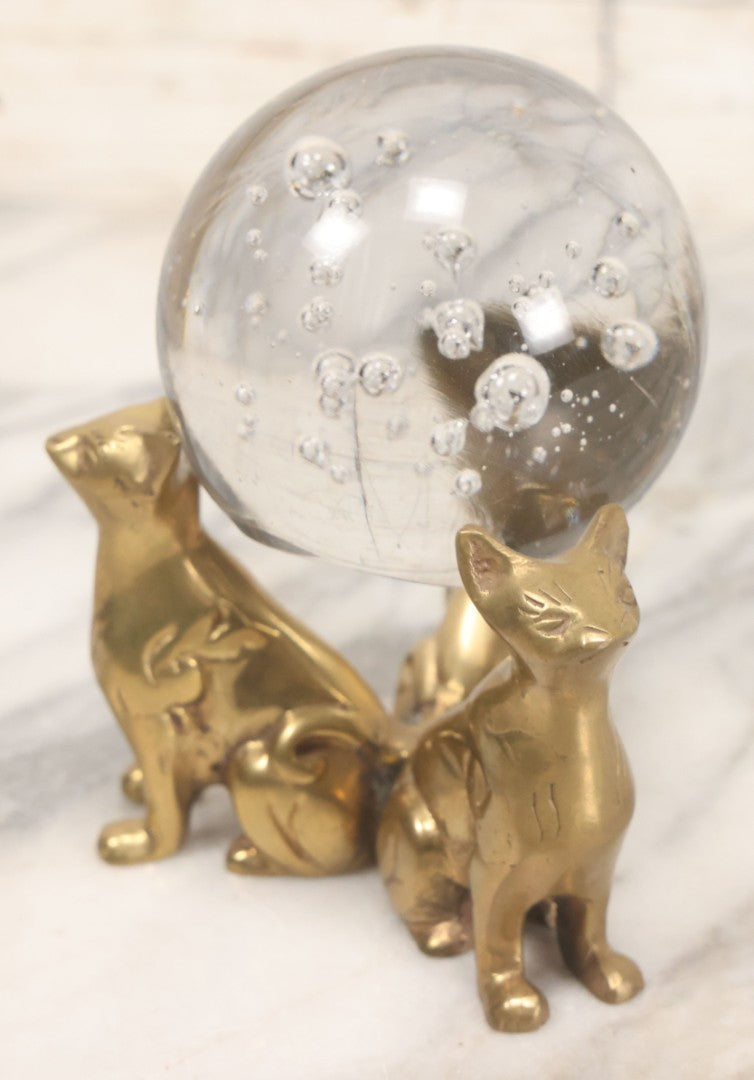 Lot 066 - Vintage Brass Triple Cat Stand With Clear Glass Paperweight Crystal Ball