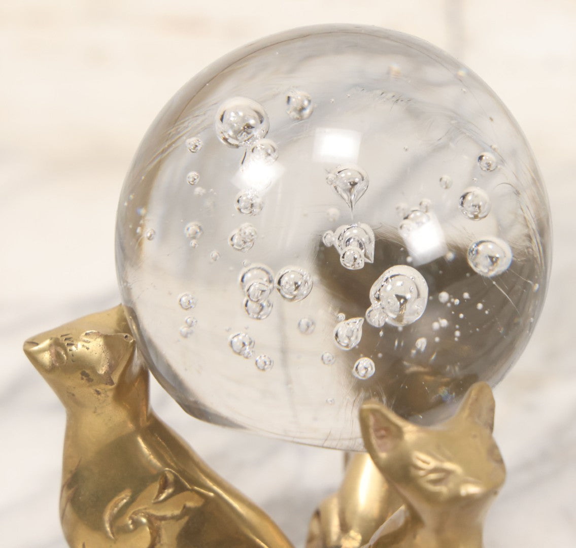 Lot 066 - Vintage Brass Triple Cat Stand With Clear Glass Paperweight Crystal Ball