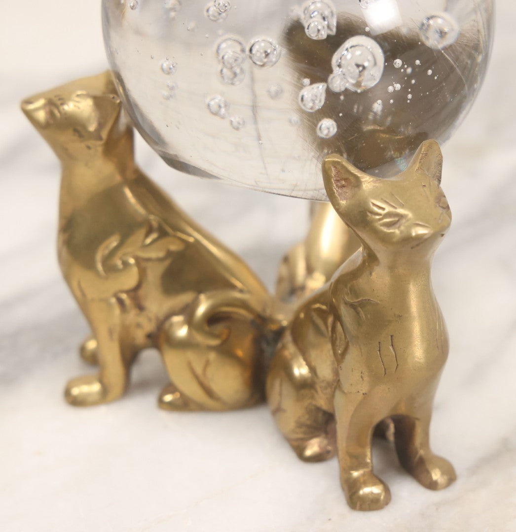 Lot 066 - Vintage Brass Triple Cat Stand With Clear Glass Paperweight Crystal Ball