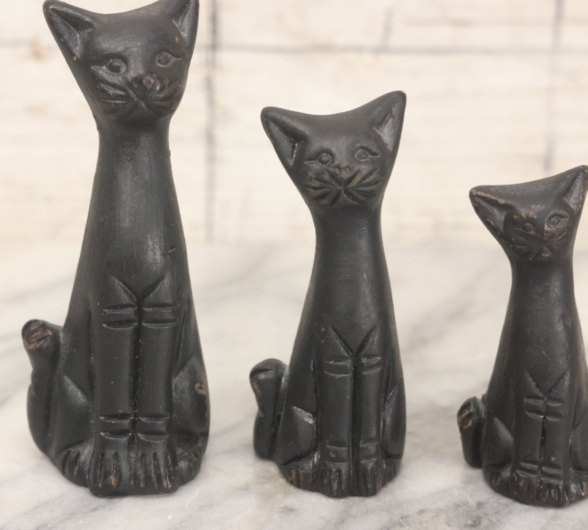 Lot 067 - Vintage Mid Century Three Piece Ceramic Black Cat Tchotchke Grouping