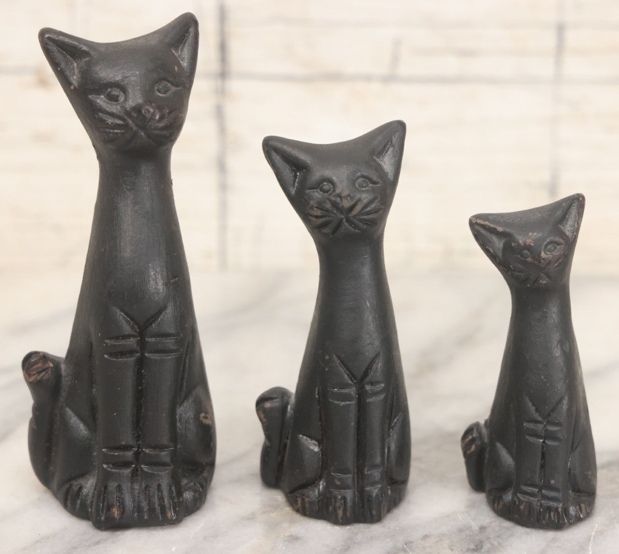 Lot 067 - Vintage Mid Century Three Piece Ceramic Black Cat Tchotchke Grouping