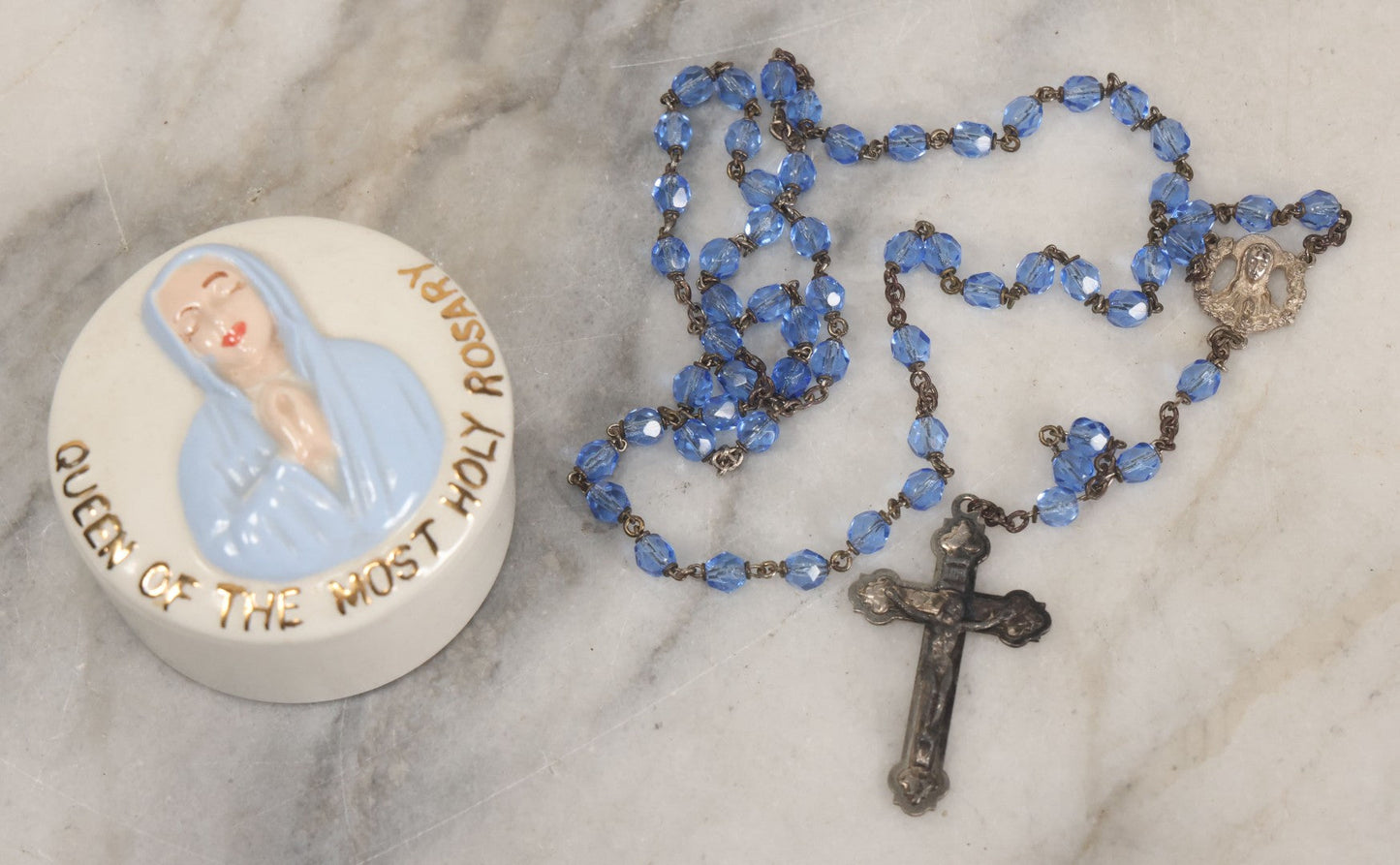 Lot 068 - Vintage Ceramic Virgin Mary Christian Rosary Vessel By Holland Mold, Signed, And Blue Glass Bead Rosary, Made In Italy