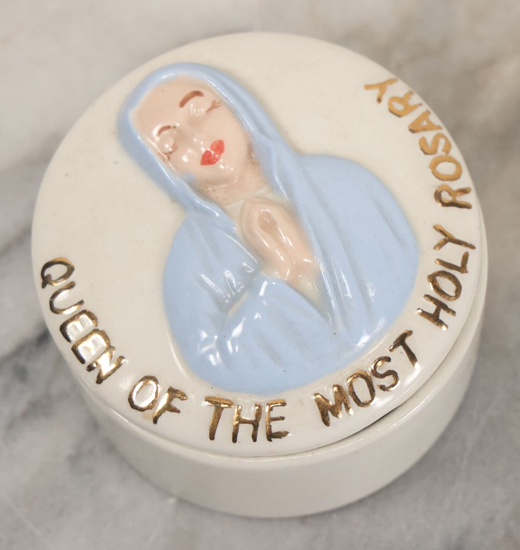 Lot 068 - Vintage Ceramic Virgin Mary Christian Rosary Vessel By Holland Mold, Signed, And Blue Glass Bead Rosary, Made In Italy