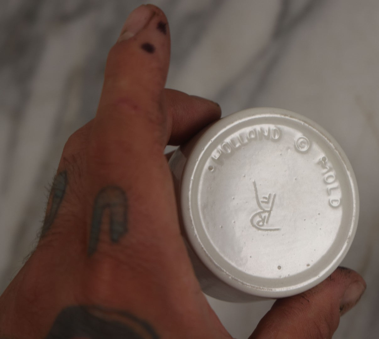 Lot 068 - Vintage Ceramic Virgin Mary Christian Rosary Vessel By Holland Mold, Signed, And Blue Glass Bead Rosary, Made In Italy