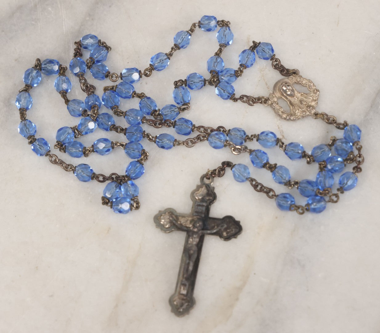 Lot 068 - Vintage Ceramic Virgin Mary Christian Rosary Vessel By Holland Mold, Signed, And Blue Glass Bead Rosary, Made In Italy