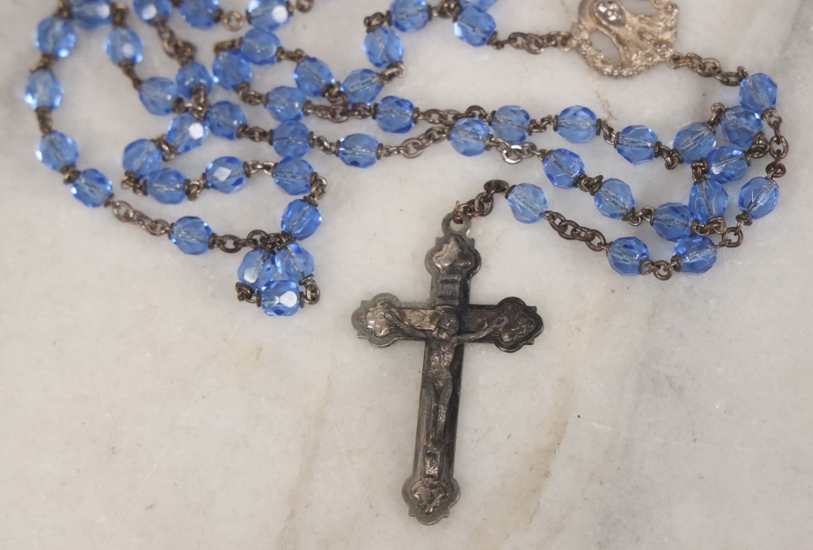 Lot 068 - Vintage Ceramic Virgin Mary Christian Rosary Vessel By Holland Mold, Signed, And Blue Glass Bead Rosary, Made In Italy