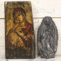 Lot 069 - Pair Of Vintage Virgin Mary Christian Devotional Decor Wall Hangers Including Decoupage Wooden Plaque, And Black Ceramic Plaque
