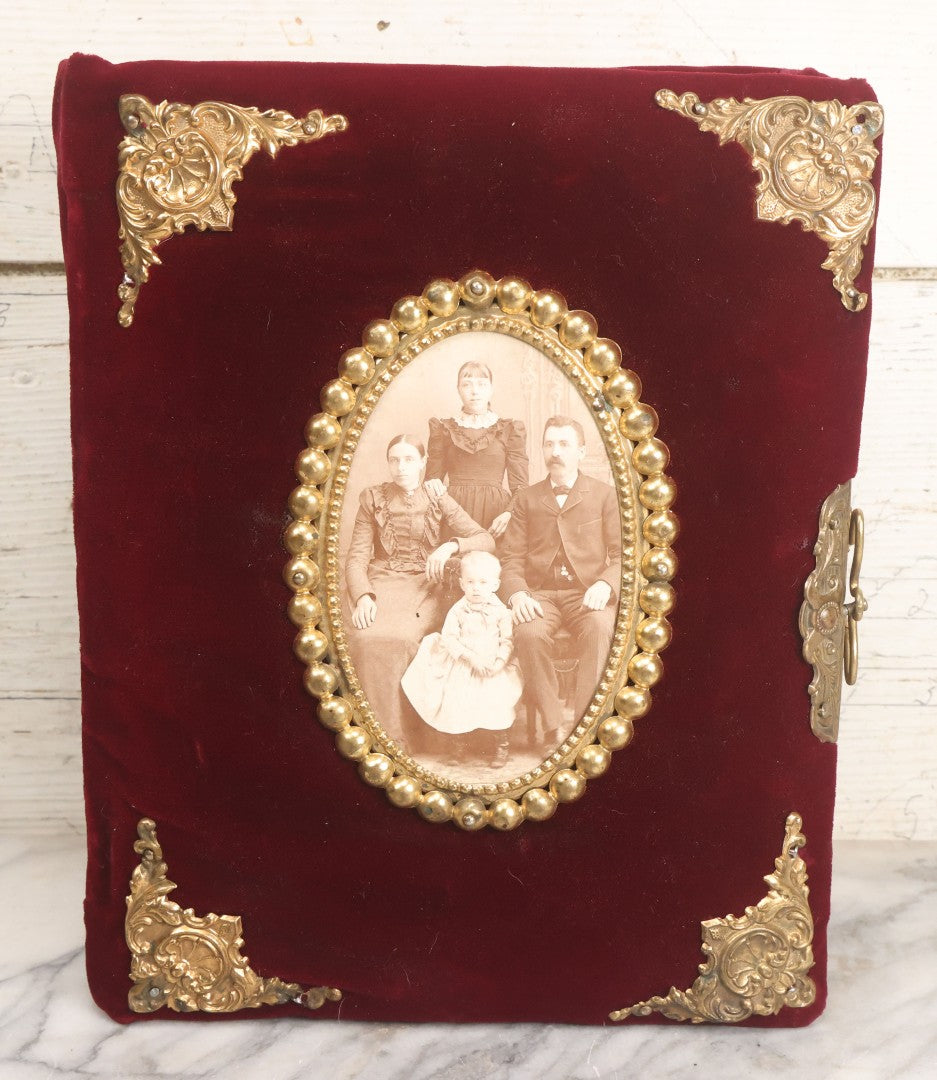 Lot 071 - Antique Victorian Family Photo Album With Replaced Red Velvet Cover With Family Portrait Cameo Containing 41 Cabinet Card Photographs Of Men Women And Children