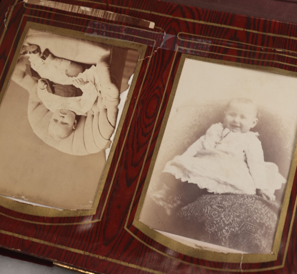 Lot 071 - Antique Victorian Family Photo Album With Replaced Red Velvet Cover With Family Portrait Cameo Containing 41 Cabinet Card Photographs Of Men Women And Children