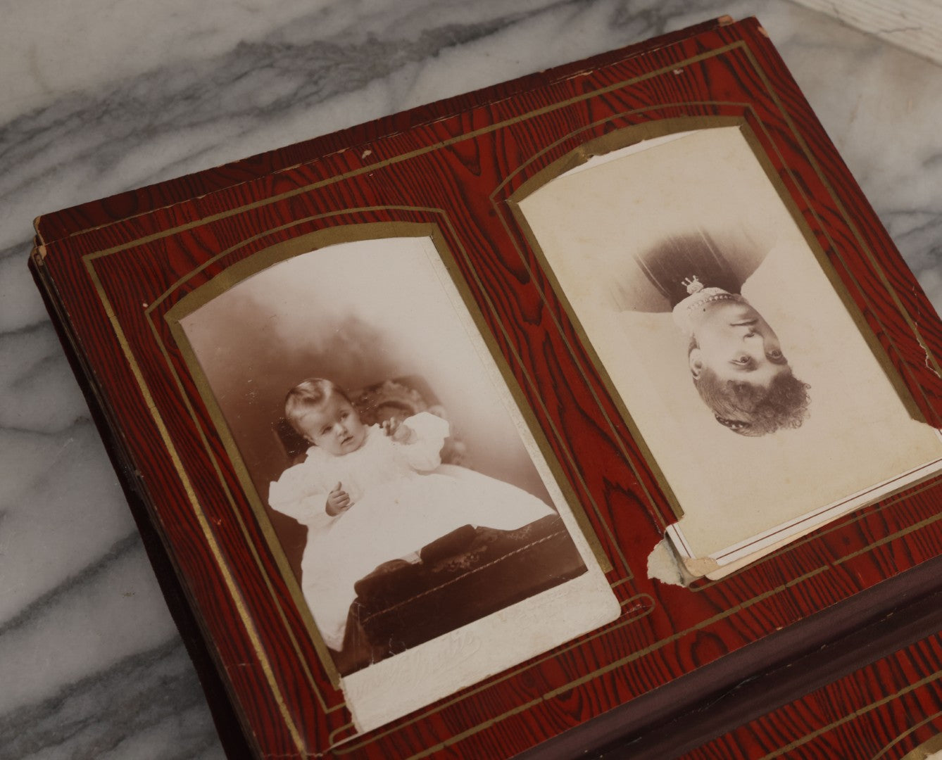 Lot 071 - Antique Victorian Family Photo Album With Replaced Red Velvet Cover With Family Portrait Cameo Containing 41 Cabinet Card Photographs Of Men Women And Children