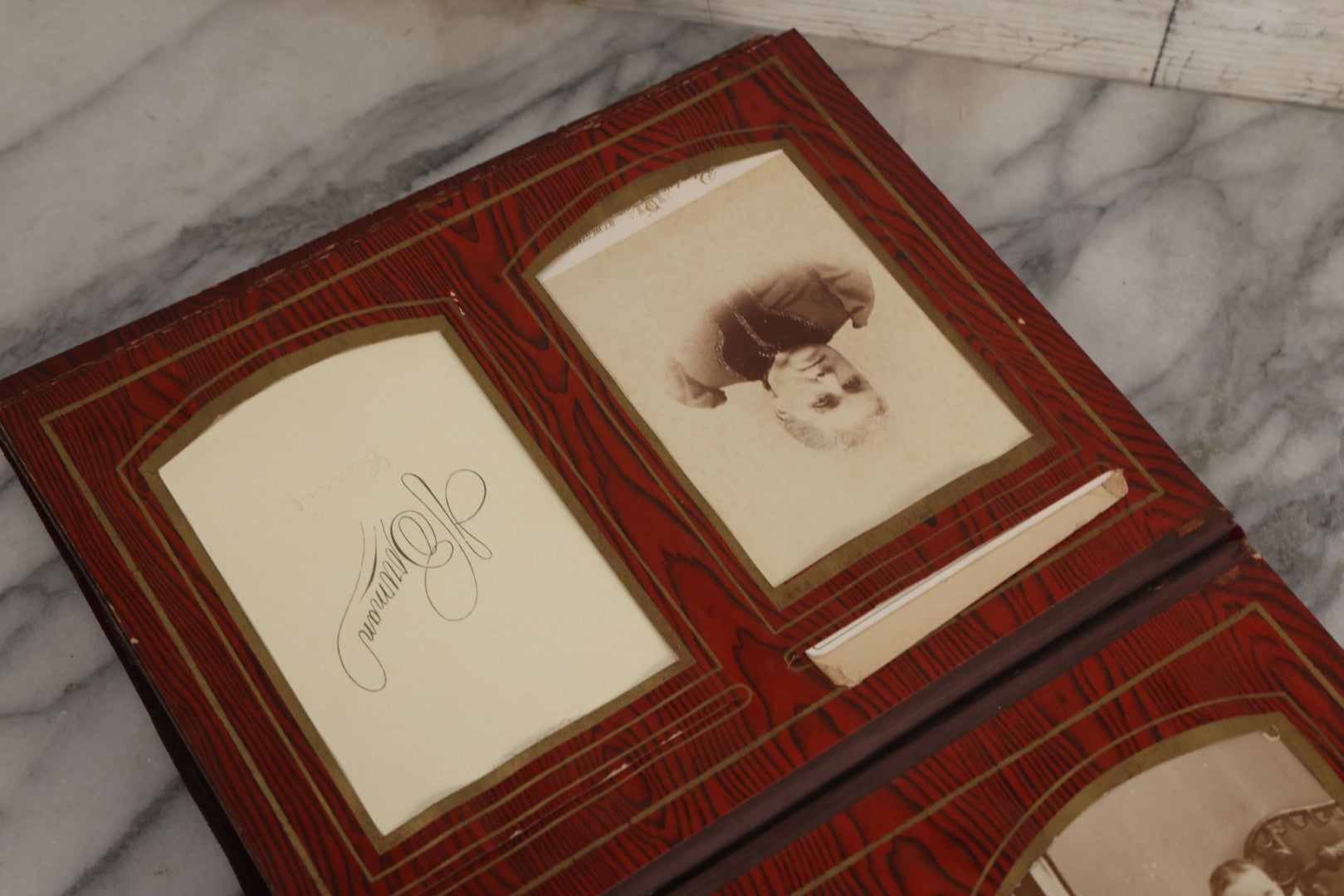 Lot 071 - Antique Victorian Family Photo Album With Replaced Red Velvet Cover With Family Portrait Cameo Containing 41 Cabinet Card Photographs Of Men Women And Children