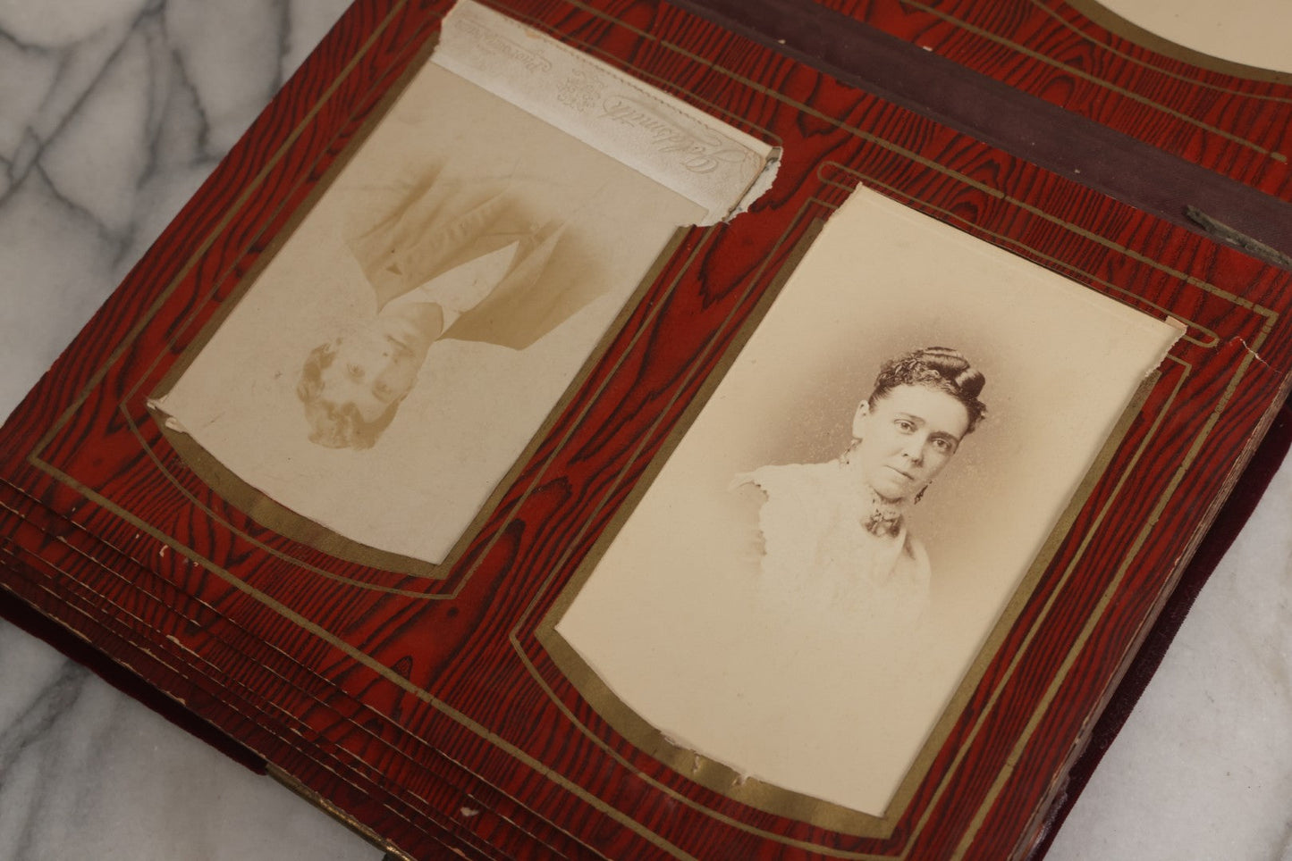Lot 071 - Antique Victorian Family Photo Album With Replaced Red Velvet Cover With Family Portrait Cameo Containing 41 Cabinet Card Photographs Of Men Women And Children