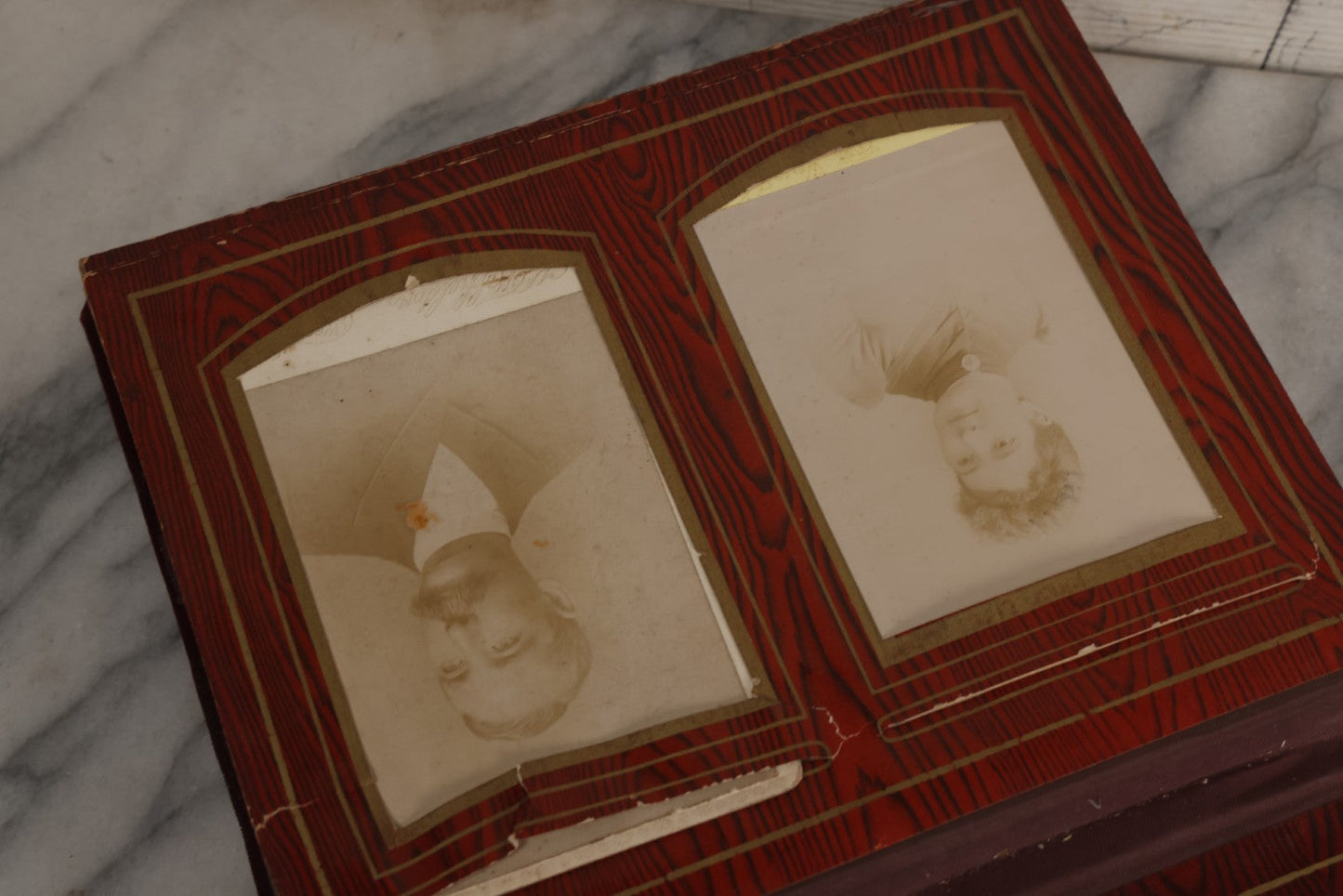 Lot 071 - Antique Victorian Family Photo Album With Replaced Red Velvet Cover With Family Portrait Cameo Containing 41 Cabinet Card Photographs Of Men Women And Children