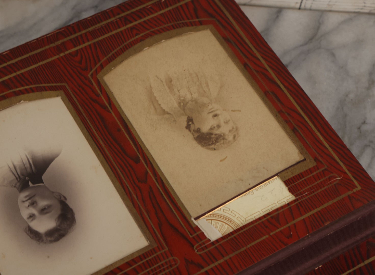 Lot 071 - Antique Victorian Family Photo Album With Replaced Red Velvet Cover With Family Portrait Cameo Containing 41 Cabinet Card Photographs Of Men Women And Children