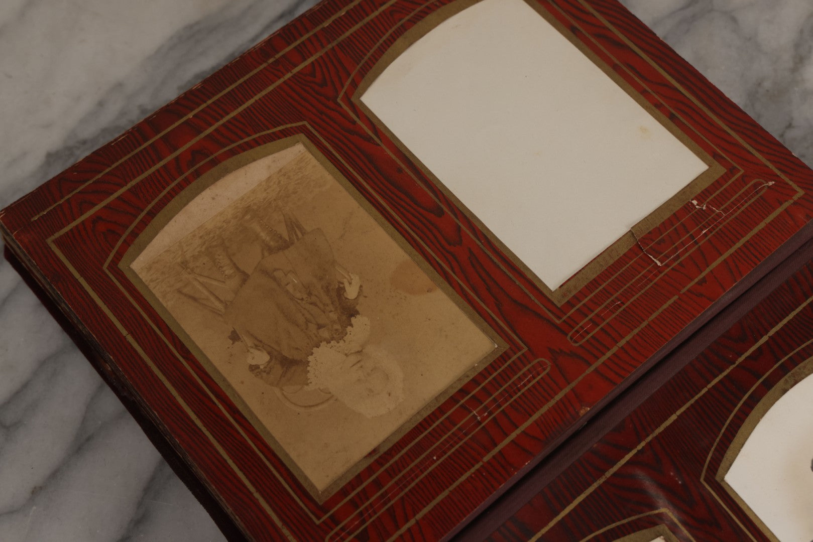 Lot 071 - Antique Victorian Family Photo Album With Replaced Red Velvet Cover With Family Portrait Cameo Containing 41 Cabinet Card Photographs Of Men Women And Children