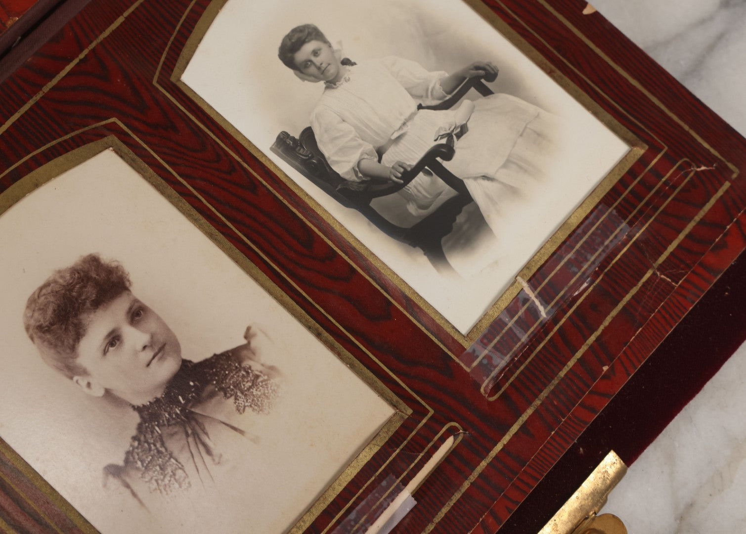 Lot 071 - Antique Victorian Family Photo Album With Replaced Red Velvet Cover With Family Portrait Cameo Containing 41 Cabinet Card Photographs Of Men Women And Children
