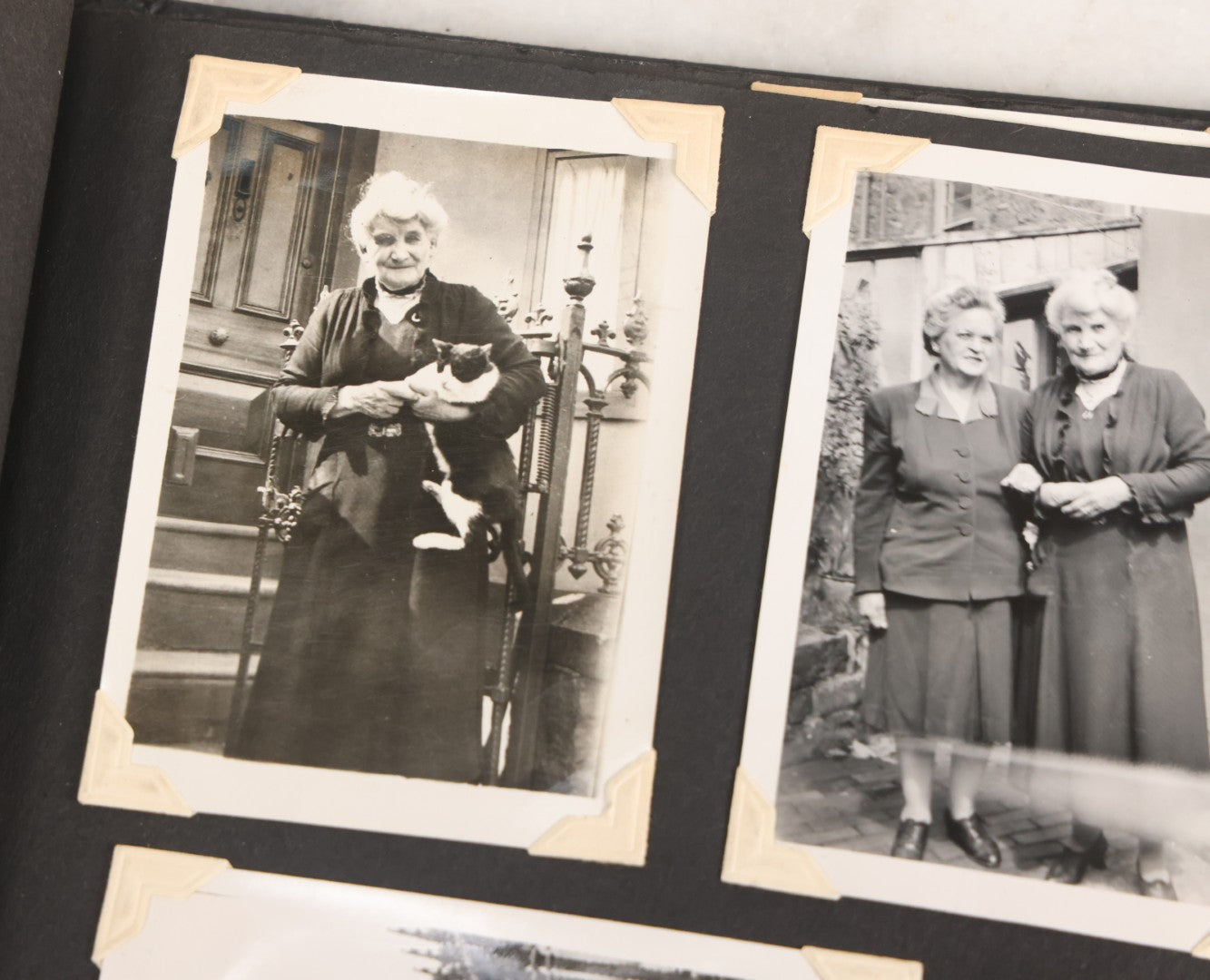 Lot 072 - Vintage Snapshot Photo Album With 80+ Photographs, Including Photos Of Europe, Naval Submarines And Battleships, Figural Topiary Sculpture Shrub Garden, Old Stone Houses, Pets And More, Many Loose Photos