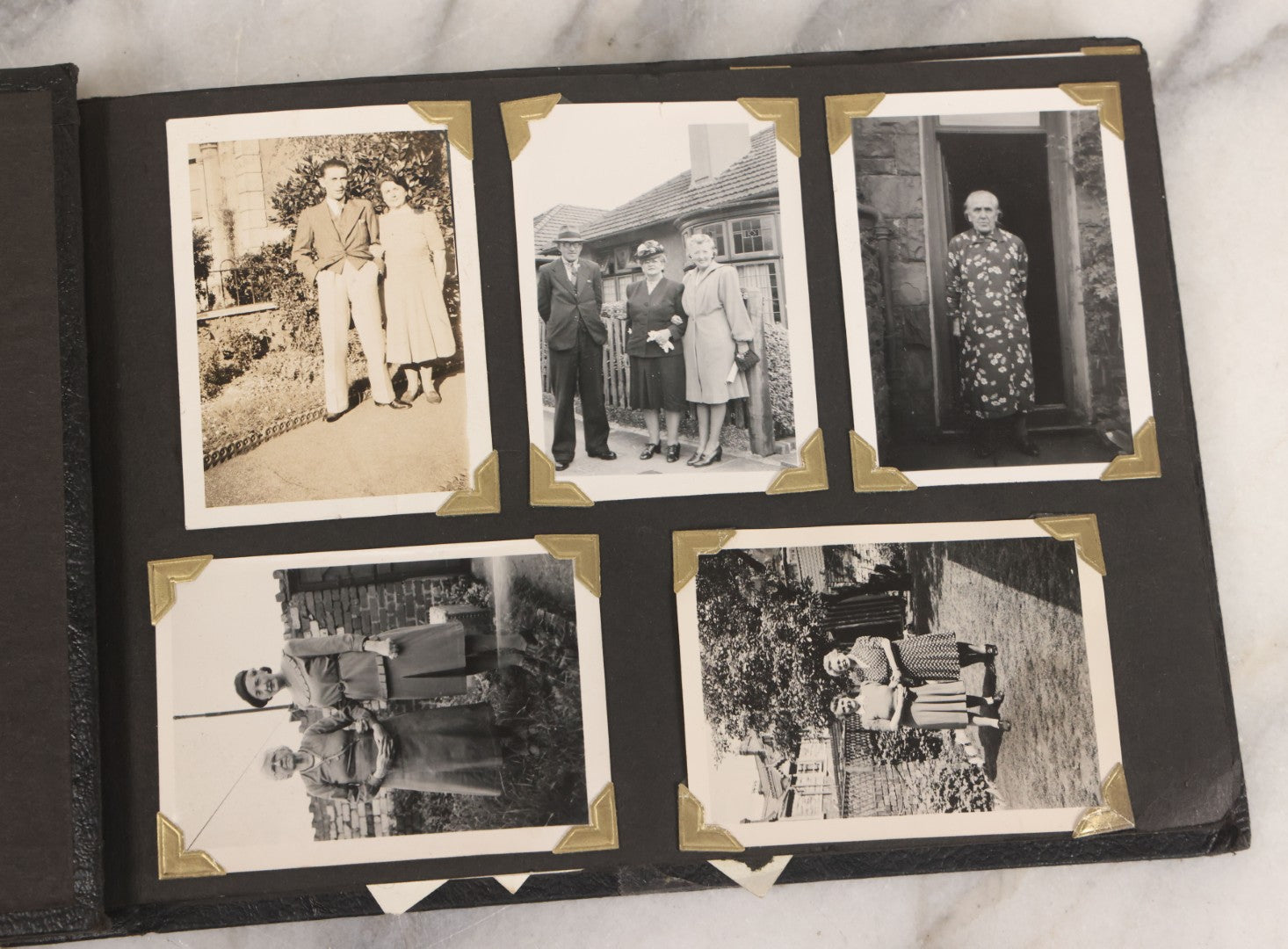 Lot 072 - Vintage Snapshot Photo Album With 80+ Photographs, Including Photos Of Europe, Naval Submarines And Battleships, Figural Topiary Sculpture Shrub Garden, Old Stone Houses, Pets And More, Many Loose Photos