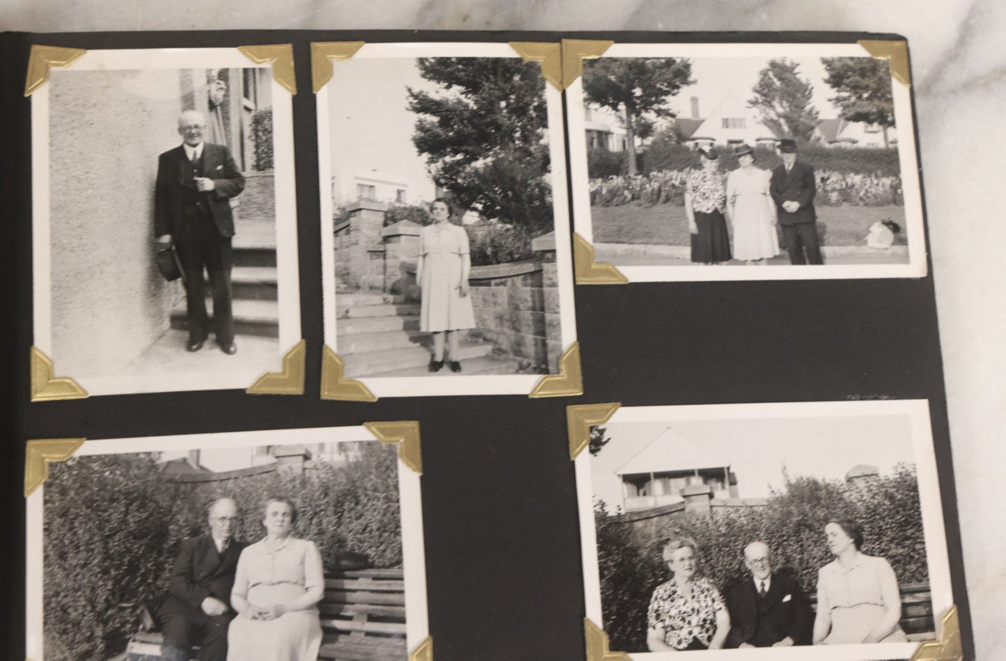 Lot 072 - Vintage Snapshot Photo Album With 80+ Photographs, Including Photos Of Europe, Naval Submarines And Battleships, Figural Topiary Sculpture Shrub Garden, Old Stone Houses, Pets And More, Many Loose Photos