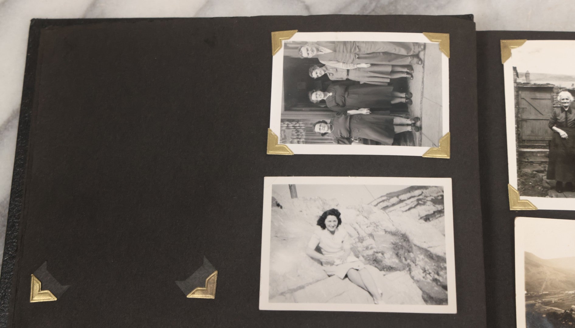 Lot 072 - Vintage Snapshot Photo Album With 80+ Photographs, Including Photos Of Europe, Naval Submarines And Battleships, Figural Topiary Sculpture Shrub Garden, Old Stone Houses, Pets And More, Many Loose Photos