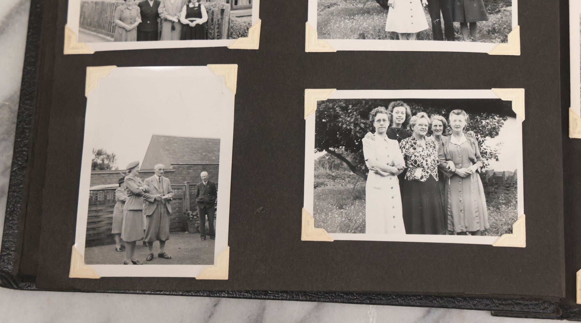 Lot 072 - Vintage Snapshot Photo Album With 80+ Photographs, Including Photos Of Europe, Naval Submarines And Battleships, Figural Topiary Sculpture Shrub Garden, Old Stone Houses, Pets And More, Many Loose Photos