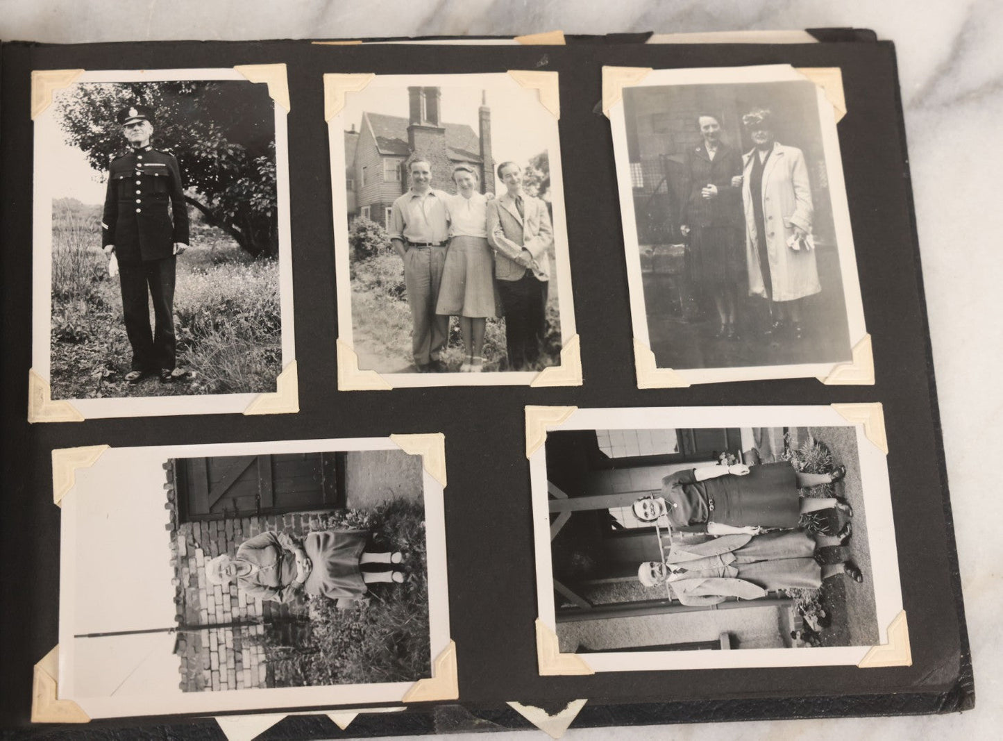 Lot 072 - Vintage Snapshot Photo Album With 80+ Photographs, Including Photos Of Europe, Naval Submarines And Battleships, Figural Topiary Sculpture Shrub Garden, Old Stone Houses, Pets And More, Many Loose Photos
