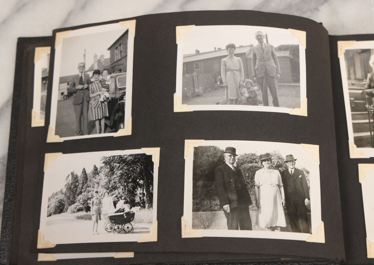 Lot 072 - Vintage Snapshot Photo Album With 80+ Photographs, Including Photos Of Europe, Naval Submarines And Battleships, Figural Topiary Sculpture Shrub Garden, Old Stone Houses, Pets And More, Many Loose Photos