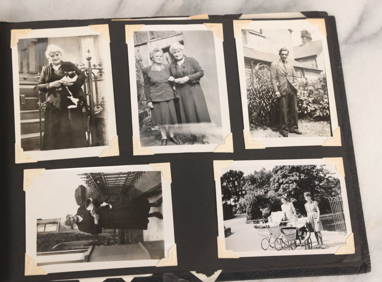 Lot 072 - Vintage Snapshot Photo Album With 80+ Photographs, Including Photos Of Europe, Naval Submarines And Battleships, Figural Topiary Sculpture Shrub Garden, Old Stone Houses, Pets And More, Many Loose Photos