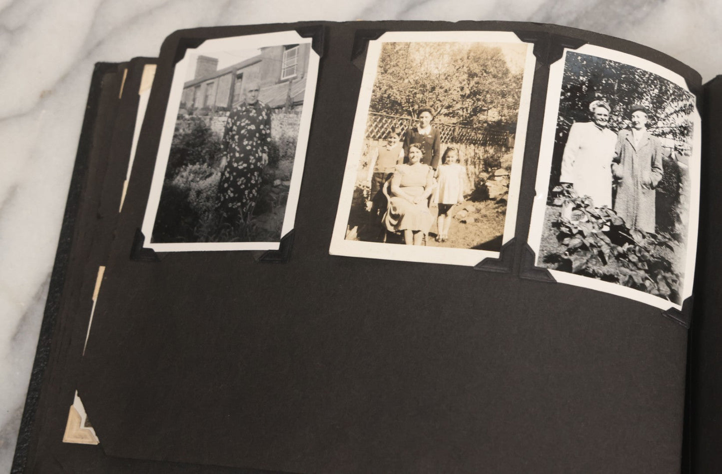 Lot 072 - Vintage Snapshot Photo Album With 80+ Photographs, Including Photos Of Europe, Naval Submarines And Battleships, Figural Topiary Sculpture Shrub Garden, Old Stone Houses, Pets And More, Many Loose Photos