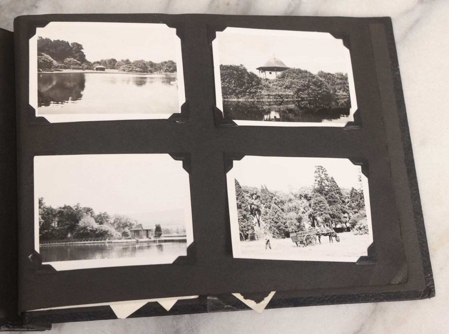 Lot 072 - Vintage Snapshot Photo Album With 80+ Photographs, Including Photos Of Europe, Naval Submarines And Battleships, Figural Topiary Sculpture Shrub Garden, Old Stone Houses, Pets And More, Many Loose Photos