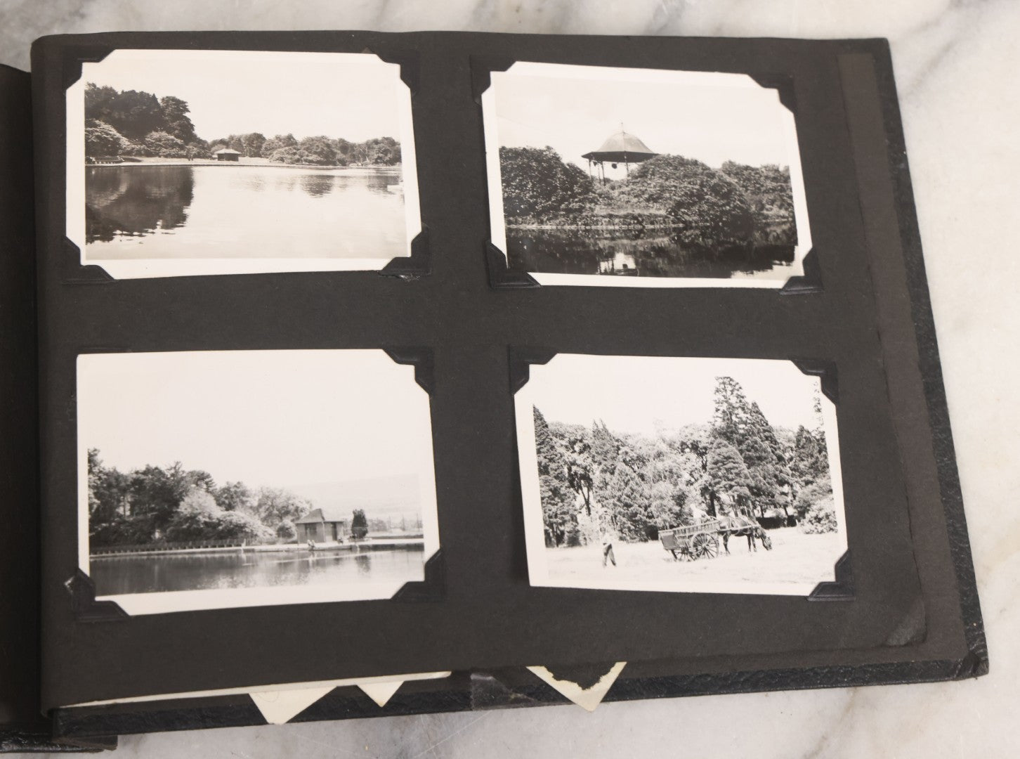 Lot 072 - Vintage Snapshot Photo Album With 80+ Photographs, Including Photos Of Europe, Naval Submarines And Battleships, Figural Topiary Sculpture Shrub Garden, Old Stone Houses, Pets And More, Many Loose Photos