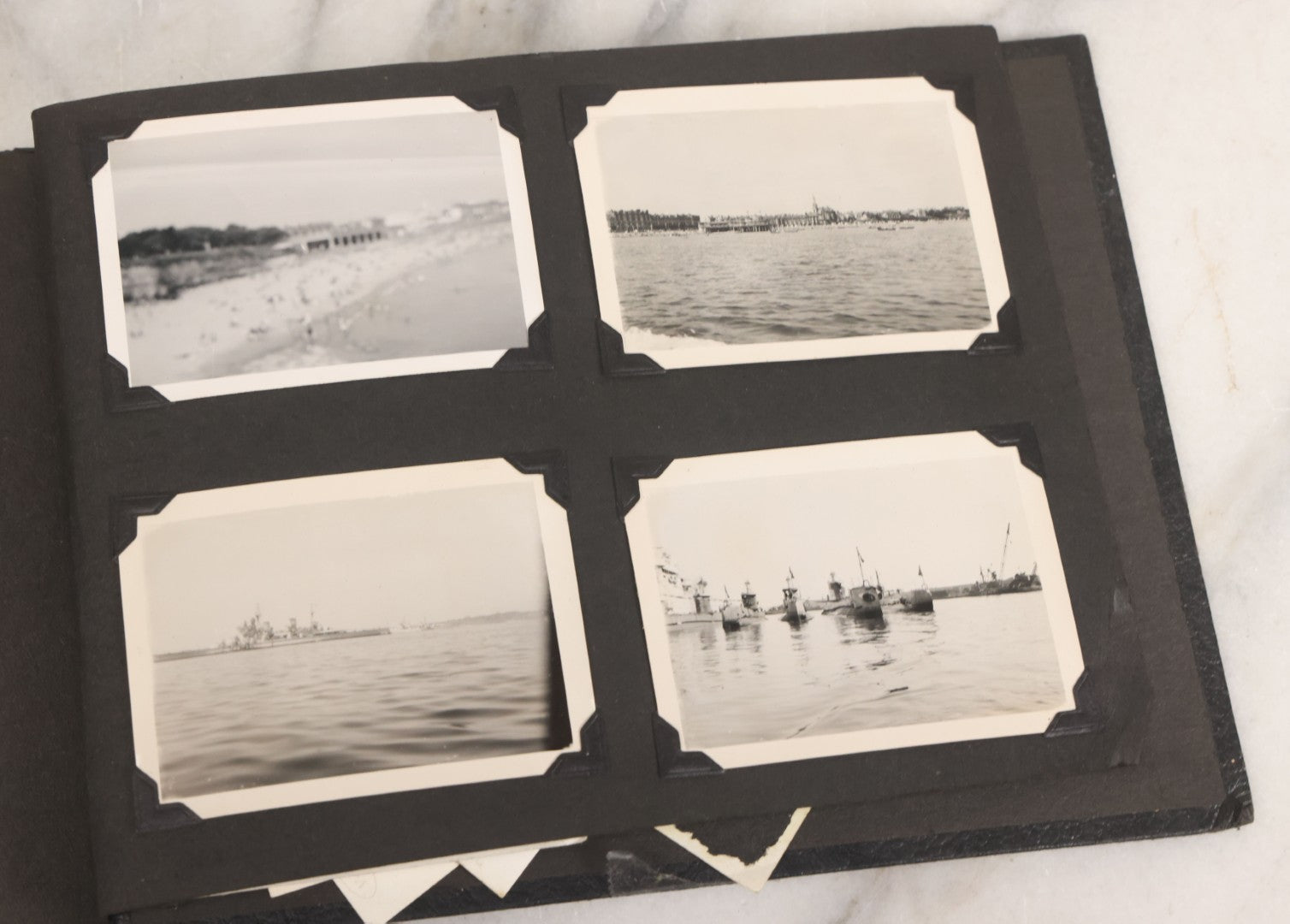 Lot 072 - Vintage Snapshot Photo Album With 80+ Photographs, Including Photos Of Europe, Naval Submarines And Battleships, Figural Topiary Sculpture Shrub Garden, Old Stone Houses, Pets And More, Many Loose Photos