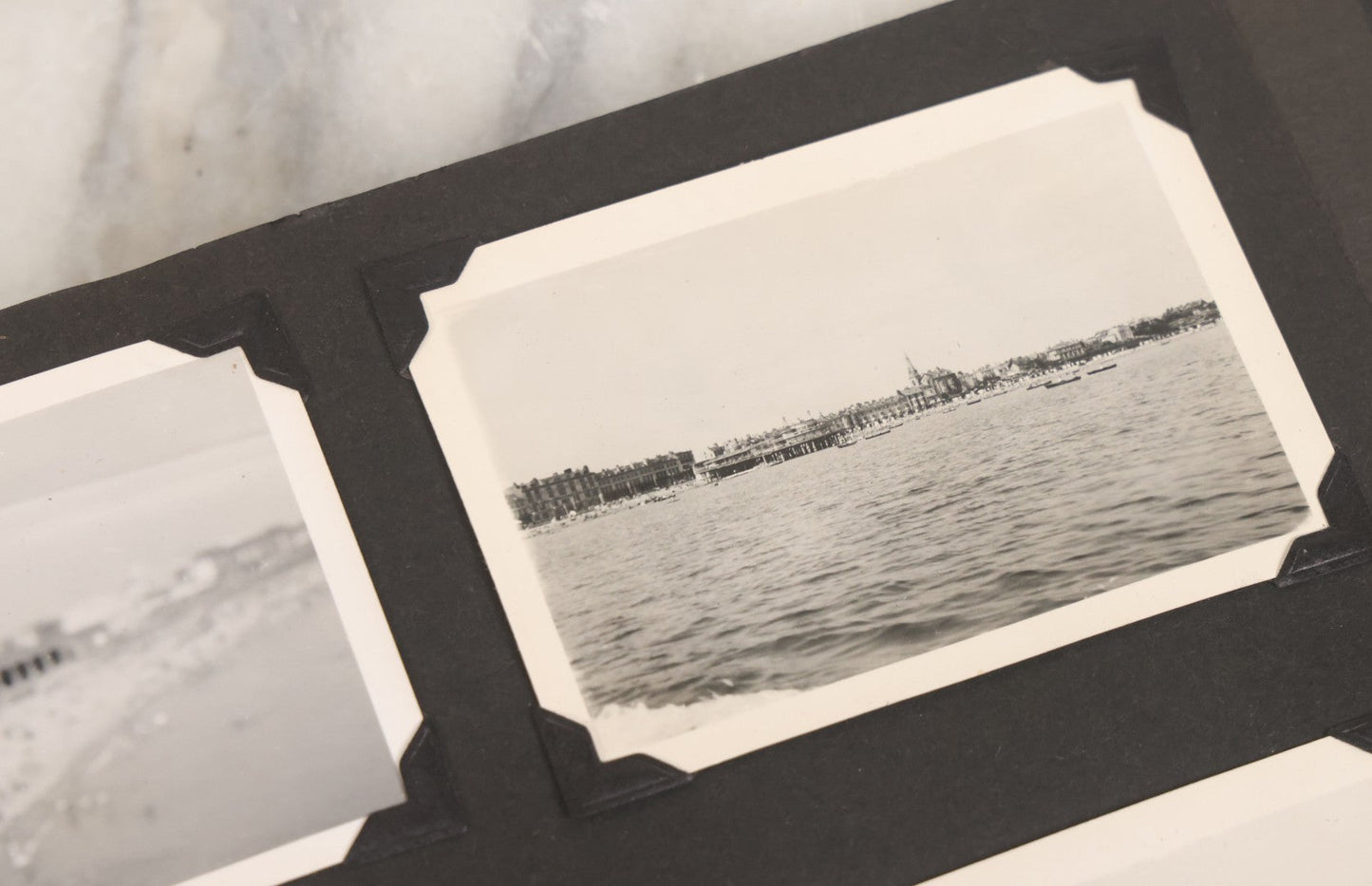 Lot 072 - Vintage Snapshot Photo Album With 80+ Photographs, Including Photos Of Europe, Naval Submarines And Battleships, Figural Topiary Sculpture Shrub Garden, Old Stone Houses, Pets And More, Many Loose Photos