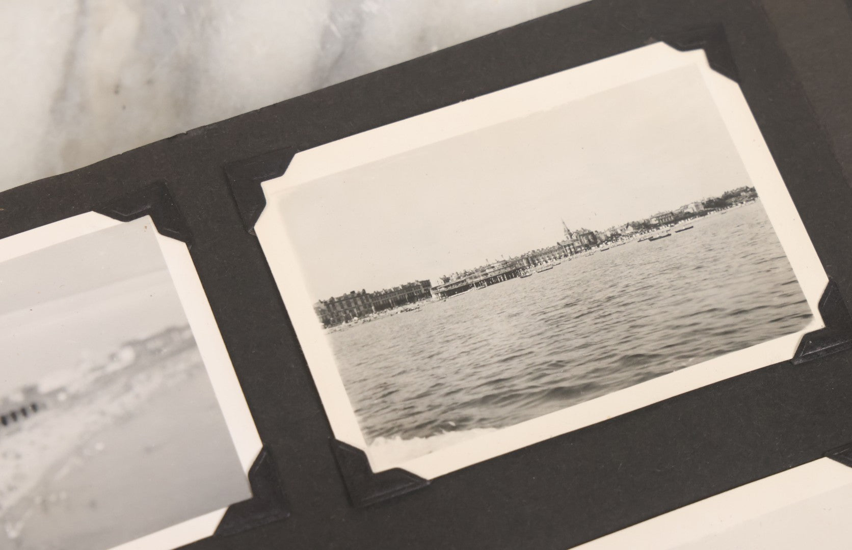 Lot 072 - Vintage Snapshot Photo Album With 80+ Photographs, Including Photos Of Europe, Naval Submarines And Battleships, Figural Topiary Sculpture Shrub Garden, Old Stone Houses, Pets And More, Many Loose Photos