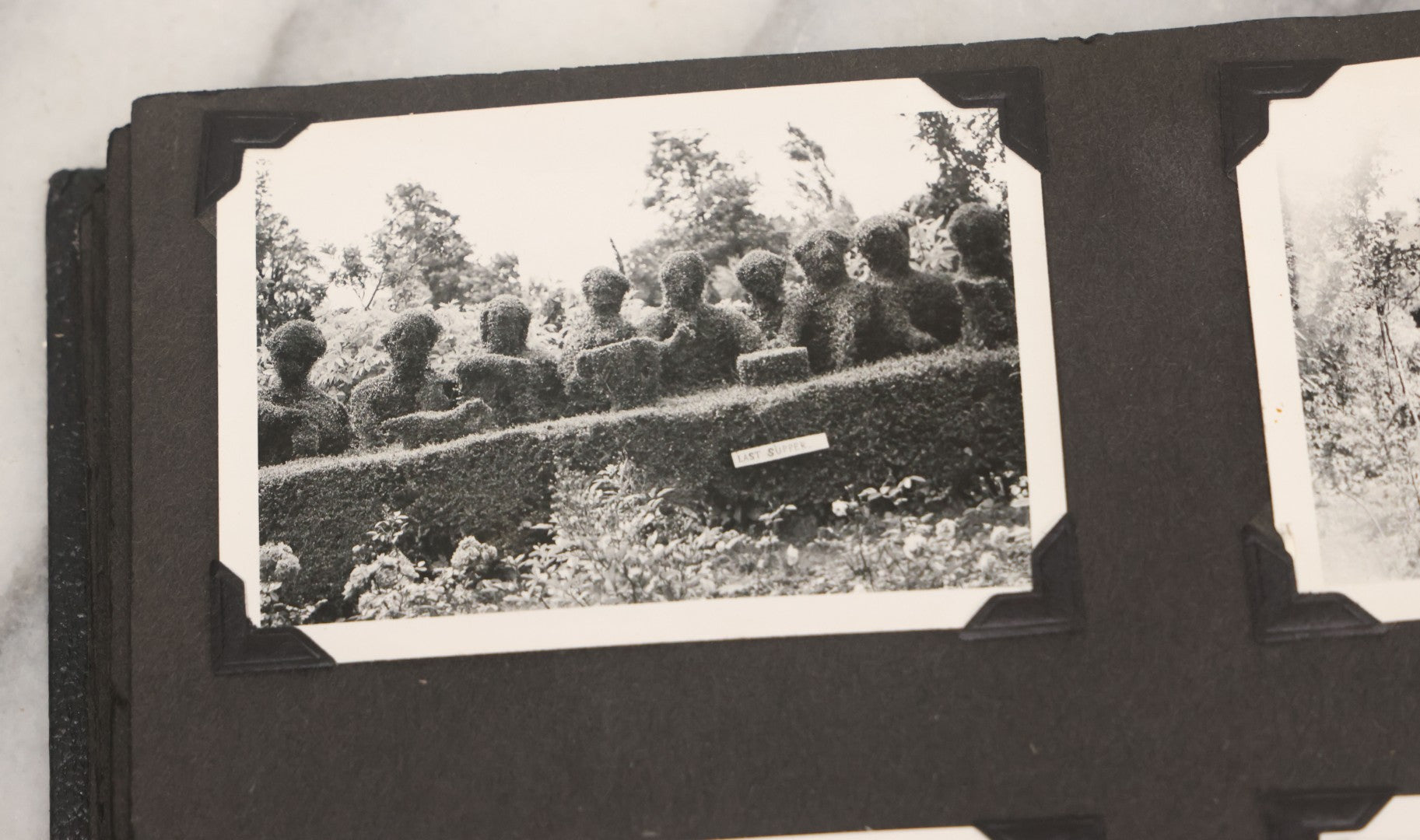 Lot 072 - Vintage Snapshot Photo Album With 80+ Photographs, Including Photos Of Europe, Naval Submarines And Battleships, Figural Topiary Sculpture Shrub Garden, Old Stone Houses, Pets And More, Many Loose Photos