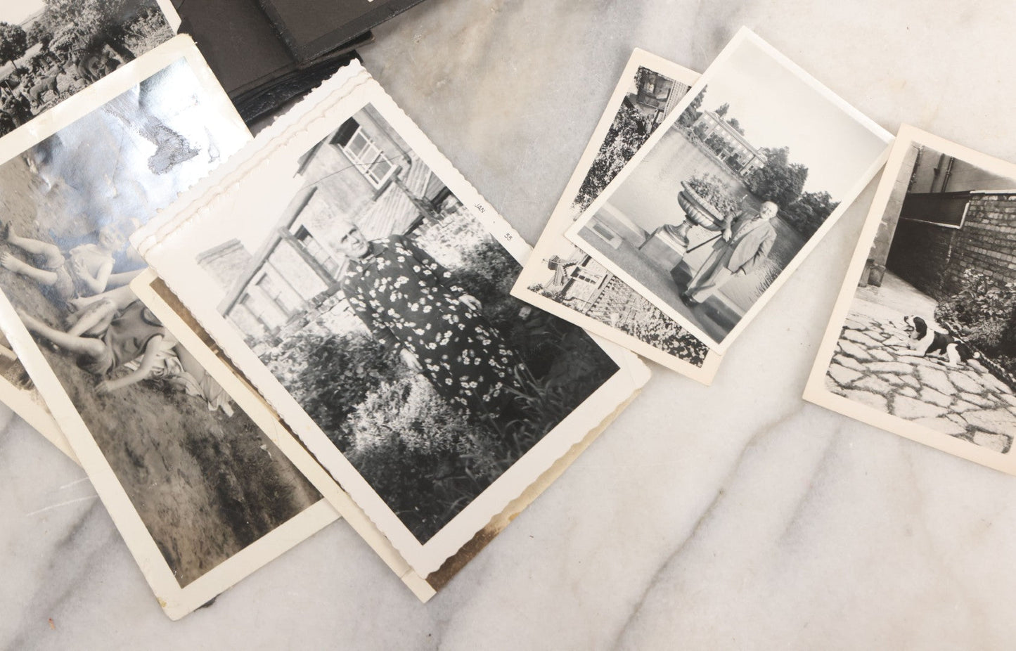 Lot 072 - Vintage Snapshot Photo Album With 80+ Photographs, Including Photos Of Europe, Naval Submarines And Battleships, Figural Topiary Sculpture Shrub Garden, Old Stone Houses, Pets And More, Many Loose Photos