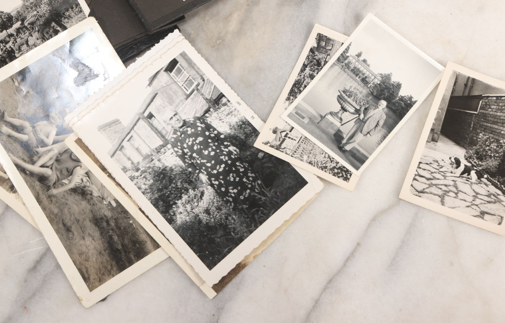 Lot 072 - Vintage Snapshot Photo Album With 80+ Photographs, Including Photos Of Europe, Naval Submarines And Battleships, Figural Topiary Sculpture Shrub Garden, Old Stone Houses, Pets And More, Many Loose Photos