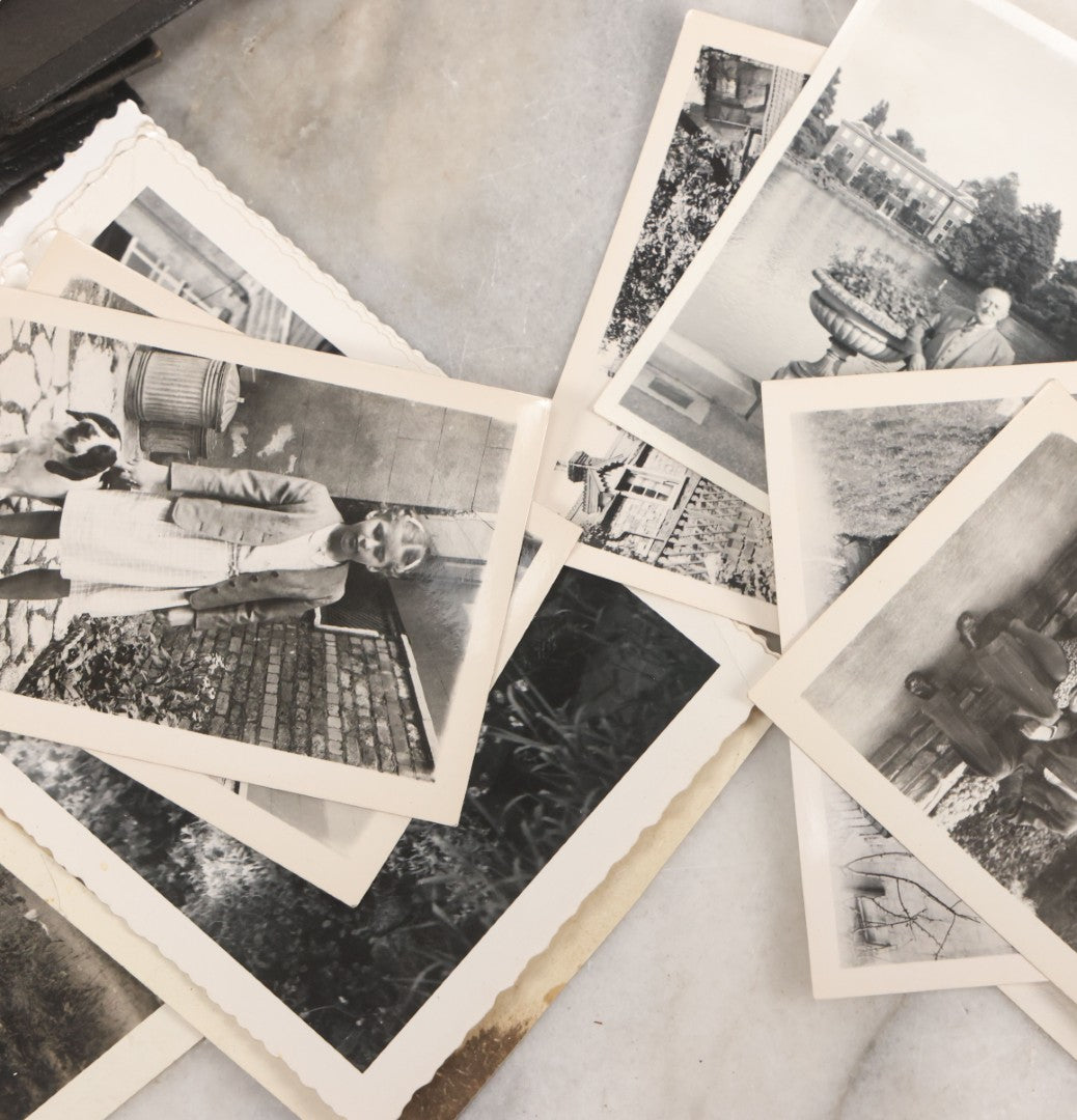 Lot 072 - Vintage Snapshot Photo Album With 80+ Photographs, Including Photos Of Europe, Naval Submarines And Battleships, Figural Topiary Sculpture Shrub Garden, Old Stone Houses, Pets And More, Many Loose Photos