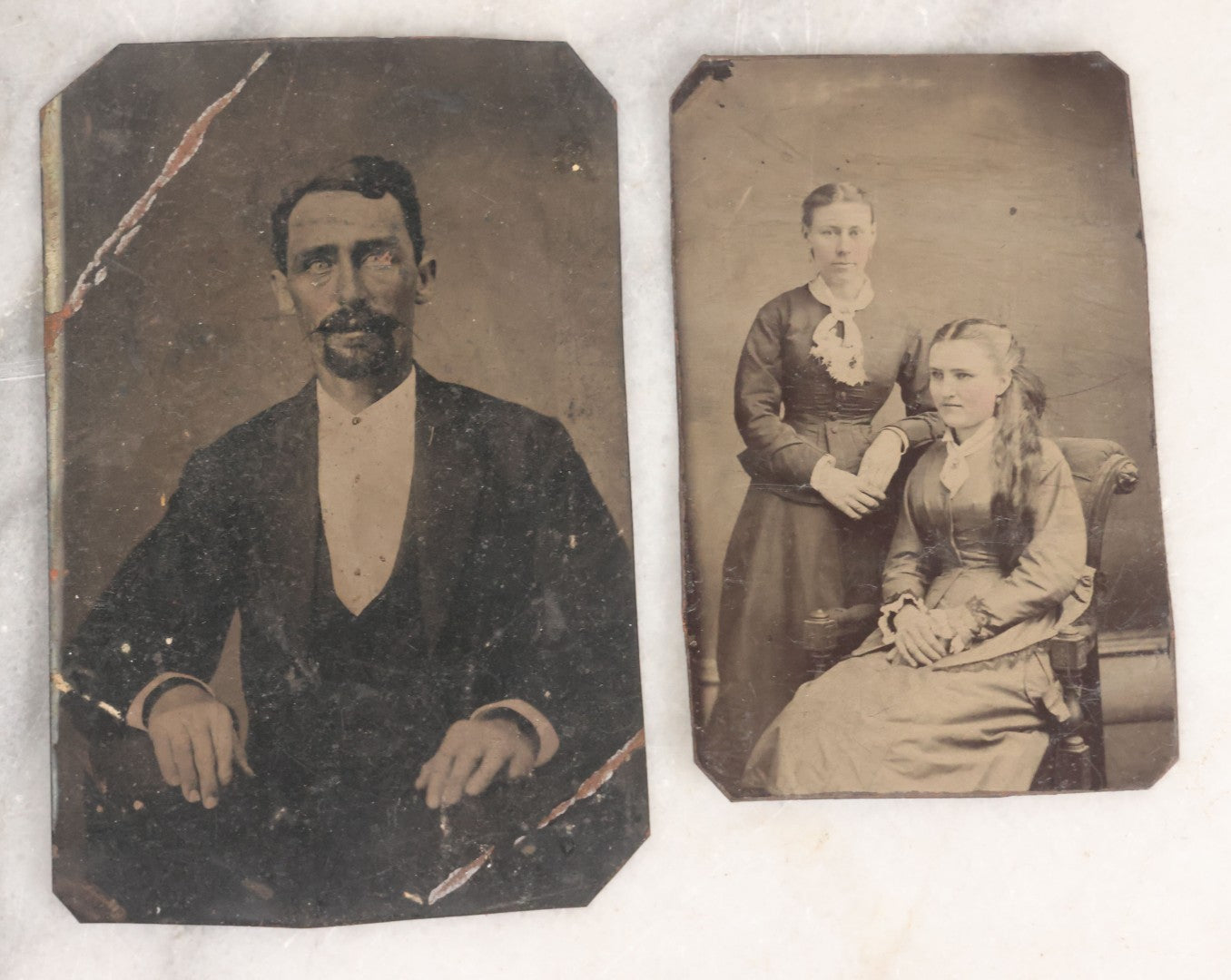 Lot 076 - Mixed Antique Portrait Photography Grouping With Four Tintype And Five Carte De Visite C.D.V. Photographs Including Tintype Of Two Young Women, Man With Goatee, C.D.V. Of Woman With Plant, And More