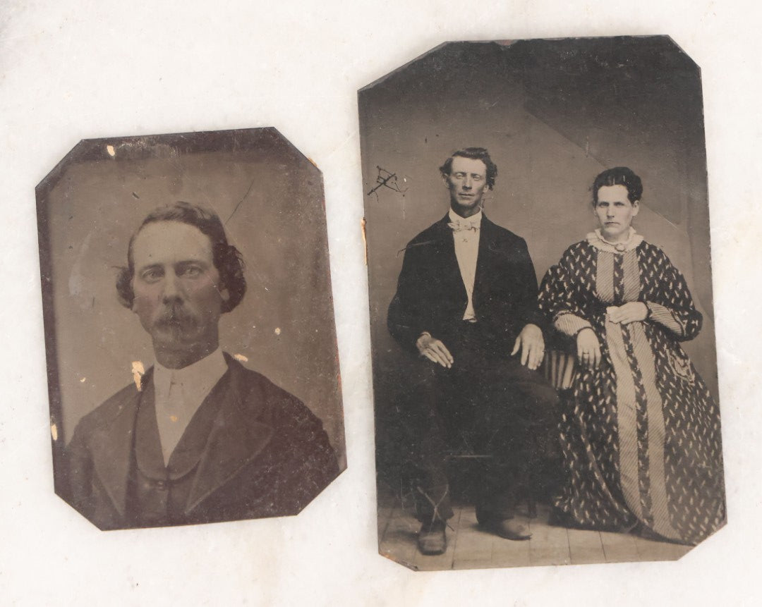Lot 076 - Mixed Antique Portrait Photography Grouping With Four Tintype And Five Carte De Visite C.D.V. Photographs Including Tintype Of Two Young Women, Man With Goatee, C.D.V. Of Woman With Plant, And More