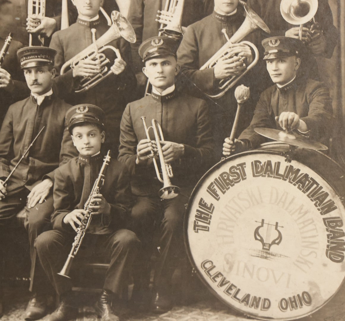 Lot 077 - Antique Boarded Photograph Of The First Dalmation Band, Hrvatski Dalmatianski Sinovi (Croatian Dalmatian Sons), Twenty-One Piece Horn And Drum Band