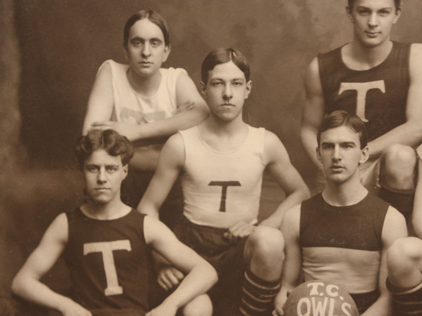 Lot 078 - Antique Boarded Photograph Of High School Basketball Team, The T.C. Owls, Posing With Owl Mascot, In Handmade Jerseys, 1900, F. Gutekunst, Photographer, Philadelphia, Pennsylvania