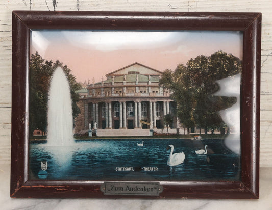 Lot 086 - Vintage Bubble Glass Mounted Color Photograph Souvenir "Zum Andenken" (Keepsake Of) The Stuttgart Theater, Germany, In Frame With Kickstand, 7-7/8" W x 6" H