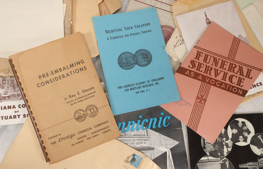 Lot 088 - Vintage Grouping Of 15+ Pieces Of Funeral And Embalming Education Ephemera Including Documents From The Indiana College Of Mortuary Science, The American Academy Of Embalming And Mortuary Research, Worsham College Of Mortuary Science, And More