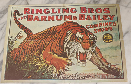 Lot 090 - Vintage Reproduction Ringling Bros And Barnum & Bailey Combined Shows Circus Poster, "The Greatest Show On Earth," With Lunging Tiger
