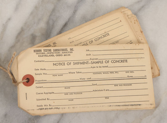 Lot 092 - Grouping Of 30 Printed "Notice Of Shipment - Sample Of Concrete" Paper Tags, Herron Testing Laboratories, Inc., Cleveland & Independence, Ohio