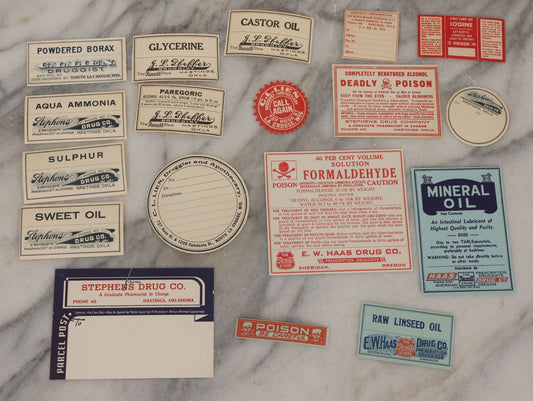 Lot 093 - Vintage Grouping Of 15+ Unused Apothecary Medicine Bottle Paper Labels Including Poison Labels For Formaldehyde, Iodine, And Denatured Alcohol, And Labels For Glycerine, Sweet Oil, Sulphur, Ammonia, And Many Others