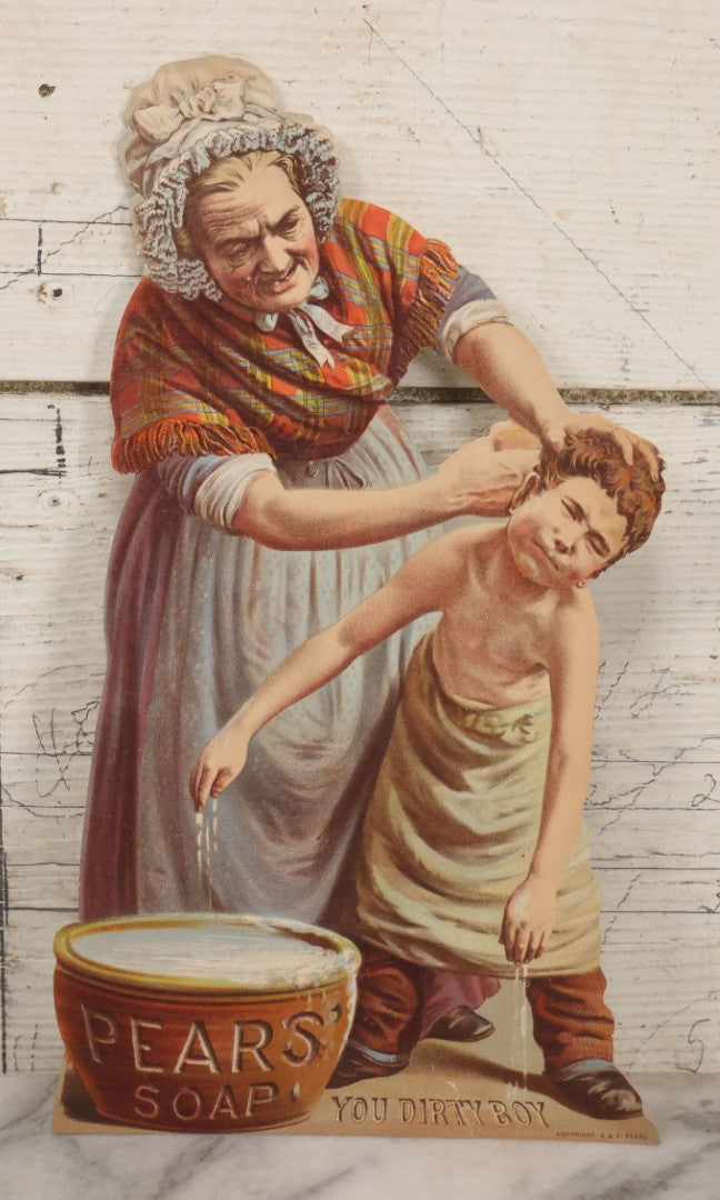 Lot 097 - Single Antique Lithograph Advertising Scrap For Pears' Soap, Featuring Old Woman Washing Child, "You Dirty Boy," Copyright A. & F. Pears